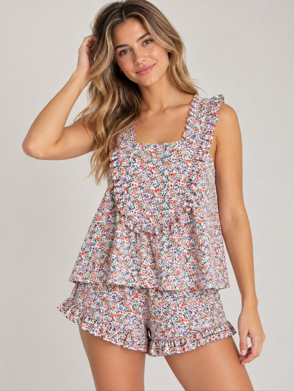 Piyama Floral Cotton Pajama Set Ruffle Tank Shorts XS